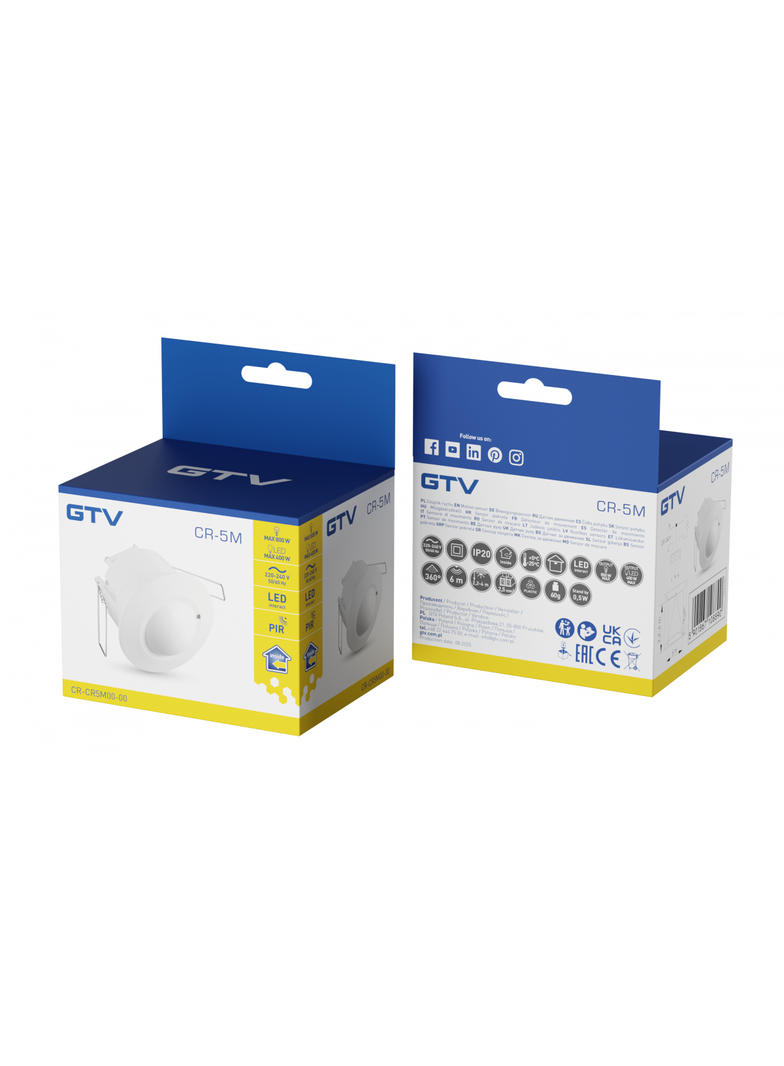 CZUJNIK RUCHU CR-5 MINI MAX. 800W, AC220-240V, 50/60HZ, KĄT DZIAŁANIA 360*, ZASIĘG 6M ± 2,5-4M, IP20