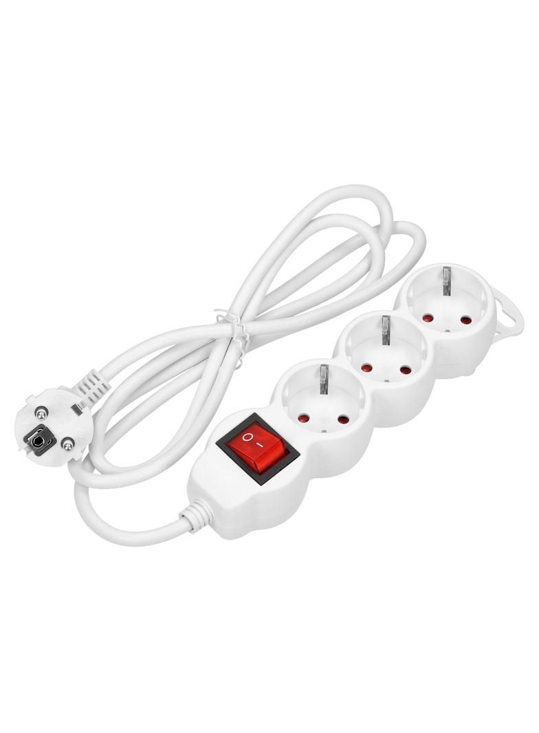 Przedłużacz 3-krotny 2P+Z (Schuko) z wyłącznikiem, 1,5m H05VV-F 3x1,5mm2, Imax=16A, płaska wtyczka,