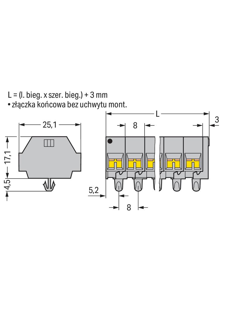 listwa zaciskowa 4-przewodowa 1,5mm2 2-torowa szara stopki montażowe /100szt./ WAGO