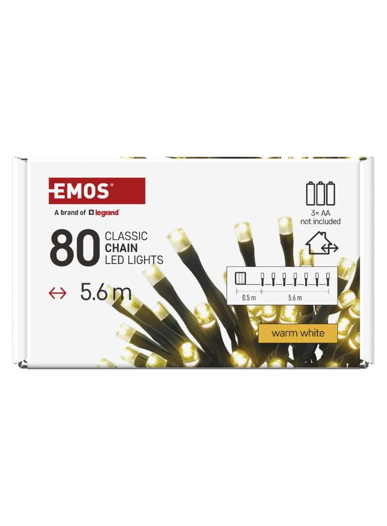 Lampki choinkowe Classic 80 LED 5,6m 3x AA ciepła biel czarny IP44 timer D4FW02 EMOS