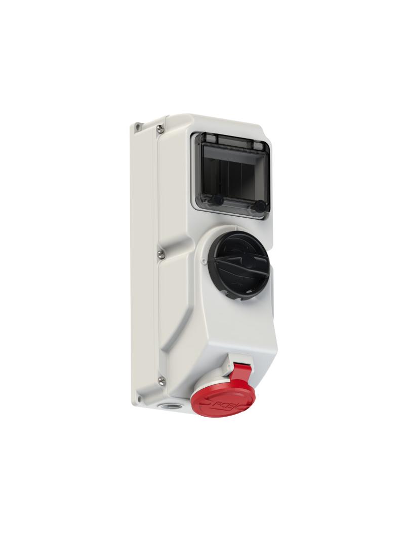 GNIAZDO Z WYŁĄCZNIKIEM 0-1, BLOKADĄ MECHANICZNĄ I SZYNĄ DIN TH35 16A 400V 3P+Z+N IP44 IP44