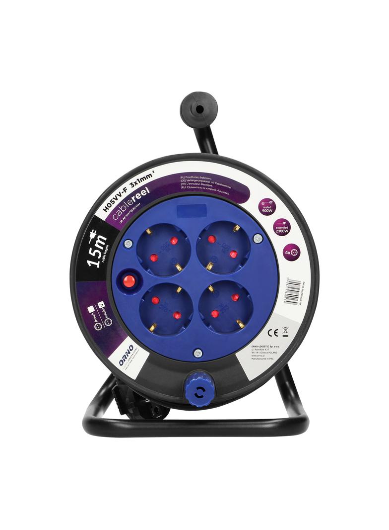 Przedłużacz bębnowy MINI 4 gniazda (Schuko) metalowy stojak polwinit H05VV-F 3x1mm2 - 15m OR-AE-1317