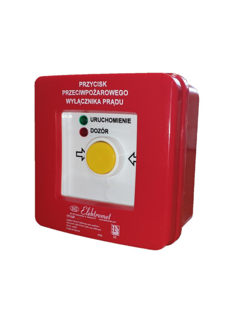 Przycisk przeciwpożarowego wyłącznika prądu PPWP-1s A/4 2 tory prądowe 12A NC-NO, natynkowy, samoczy