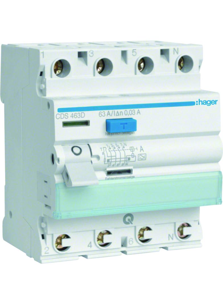 RCCB Wyłącznik różnicowoprądowy 3P+N 63A 30mA Typ A QuickConnect CDS463D HAGER