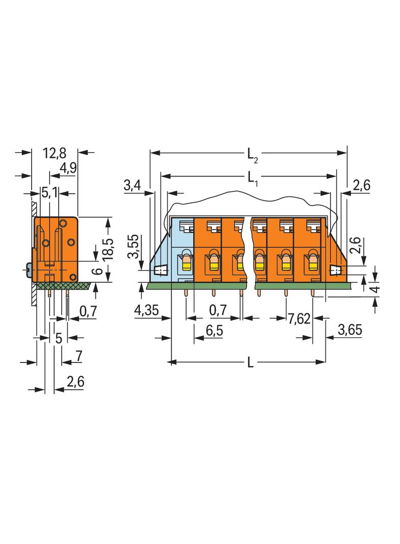 listwa przepustowa do p. drukowanych 8-bieg. pomarańczowa raster 7,62 mm