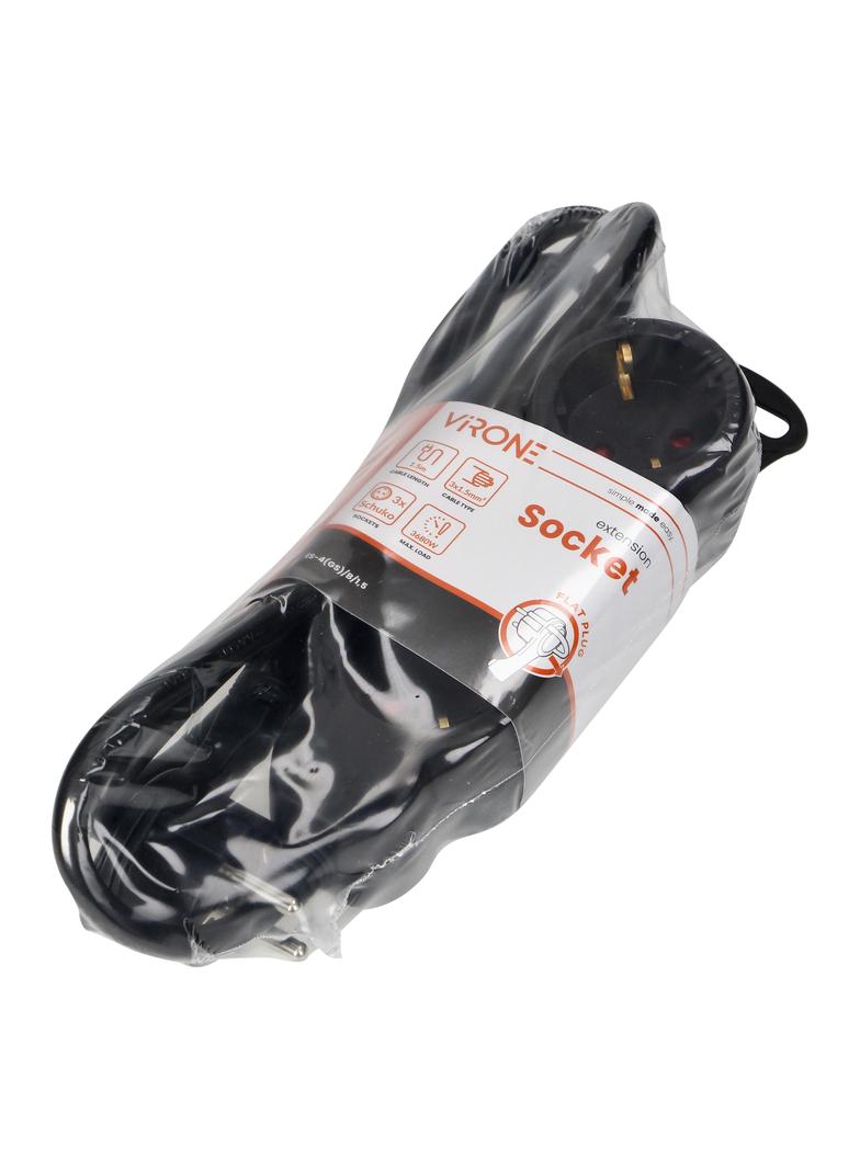 Przedłużacz 3-krotny 2P+Z (Schuko), 1,5m H05VV-F 3x1,5mm2 , Imax=16A, płaska wtyczka, czarny