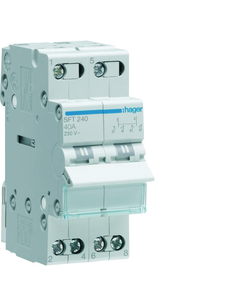 Modułowy przełącznik instalacyjny I-0-II punkt wspólny od góry 2P 40A 230VAC SFT240 HAGER