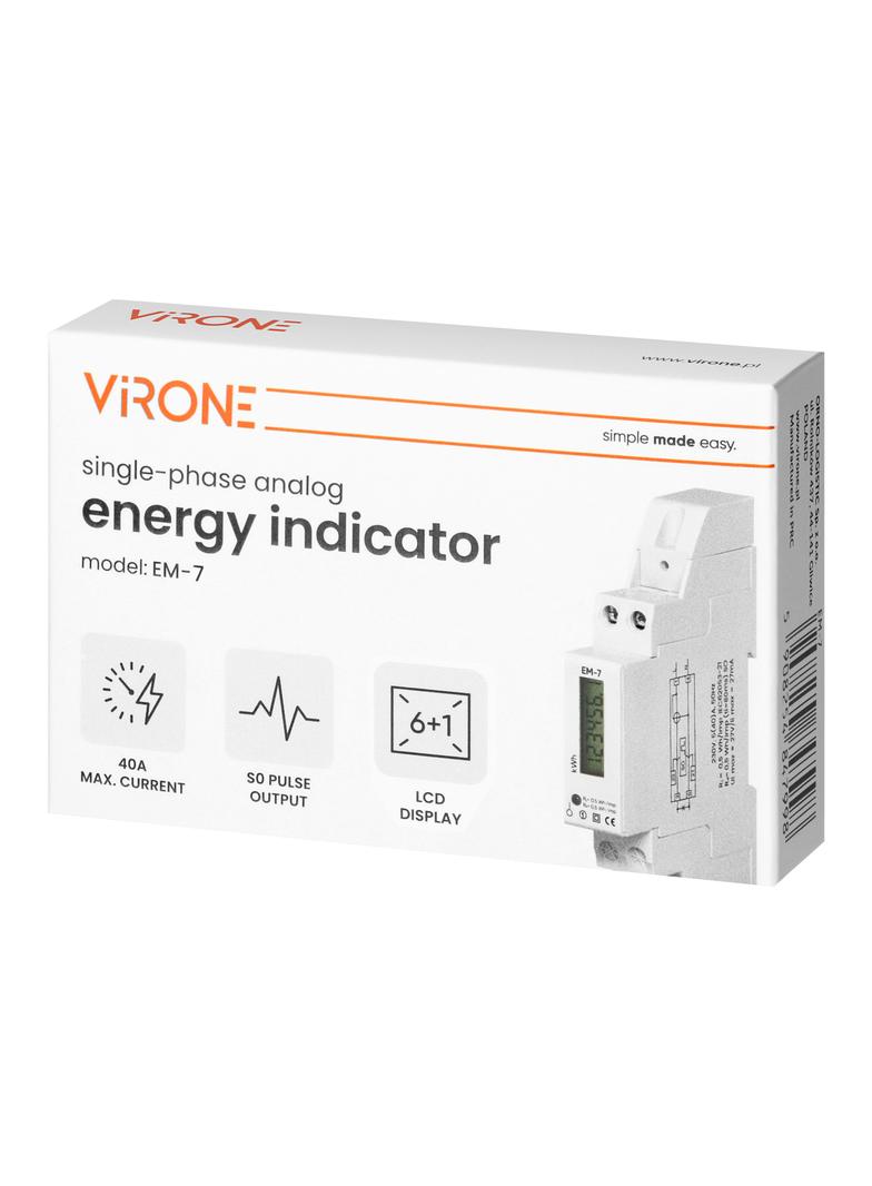 1-fazowy cyfrowy wskaźnik zużycia energii elektrycznej, 40A, 1 moduł, DIN TH-35mm EM-7 ORNO
