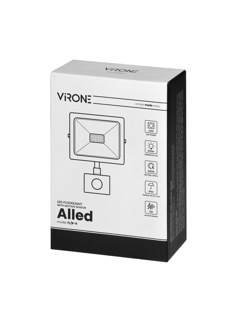 ALLED 10W Naświetlacz LED z PIR, 850lm, IP44, 4000K, Alu+szkło