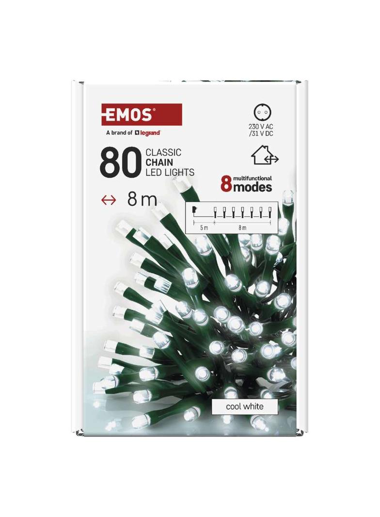 Lampki choinkowe Classic 80 LED 8m zimna biel IP44 8 programów timer D4AC22 EMOS