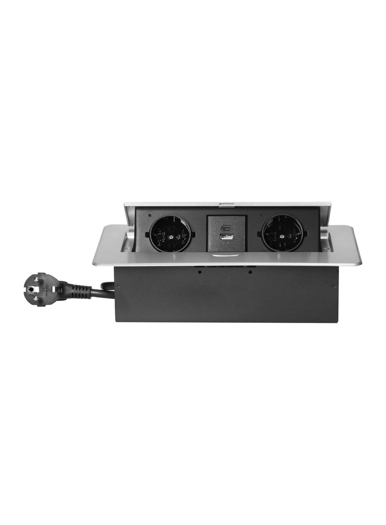 Gniazdo meblowe wpuszczane w blat z płaskim frezowanym rantem, ładowarką USB i przewodem 1,5m, 2x2P+ OR-GM-9035(GS)/G ORNO