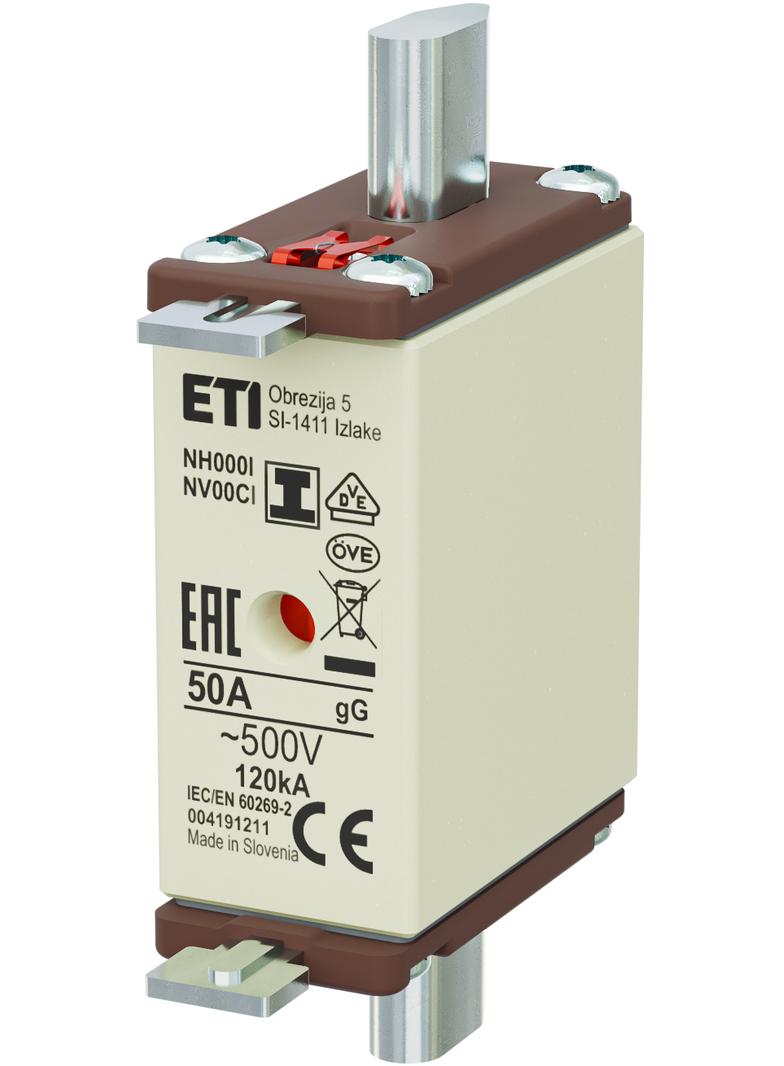 Wkładka topikowa NH zwłoczna KOMBI Zaczepy izolowane NH000/I gG 50A 500V 004191211 ETI