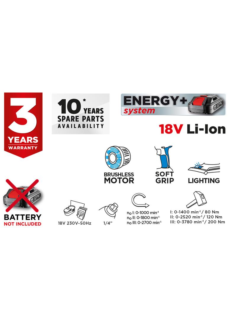 Zakrętarka udarowa akumulatorowa bezszczotkowa Energy+ 18V, Li-Ion, bez akumulatora