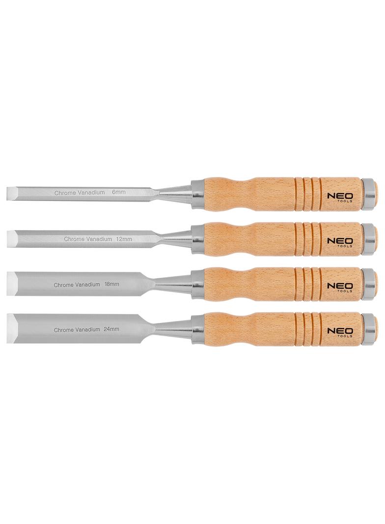 Dłuta 6, 12, 18, 24 mm, zestaw 4 szt. Uchwyt drewniany