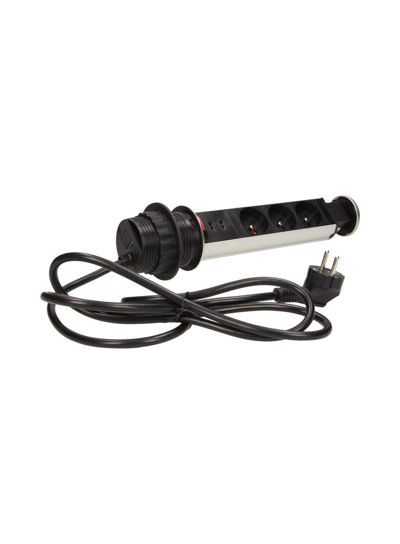 Gniazdo meblowe 3x2P+Z, 2xUSB, wysuwane z blatu 6cm, z blokadą i przewodem 1,8m, INOX
