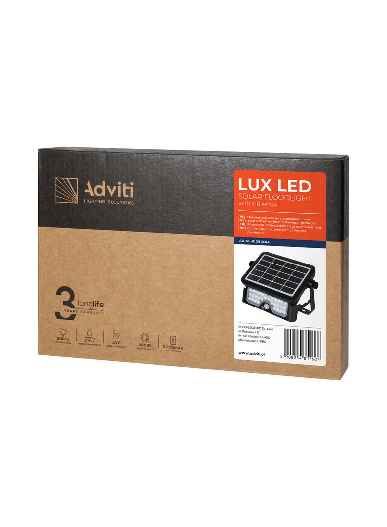 LUX LED 5W, naświetlacz solarny z czujnikiem ruchu 500lm, IP65, 4000K, 2x1500mAh, czarny AD-SL-6108BLR4 ORNO