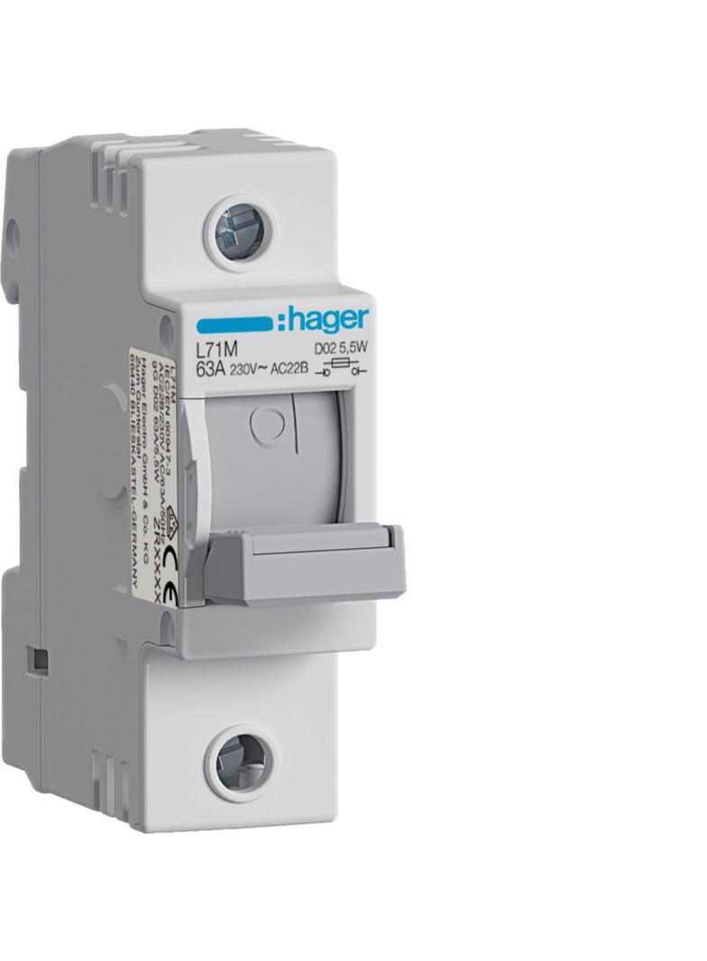 Modułowy rozłącznik bezpiecznikowy poziomy D02 1P 63A 400VAC 110/220VDC L71M HAGER