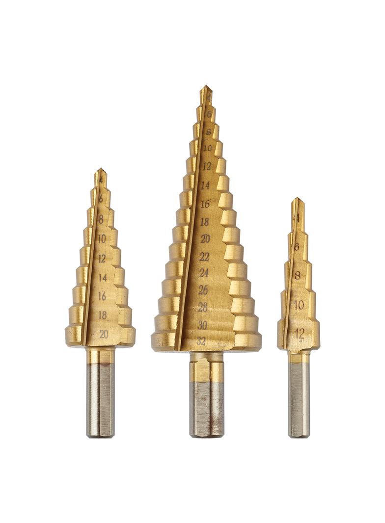 Wiertła stopniowe: 4-12, 4-20, 4-32 mm, TiN, zestaw 3 szt.
