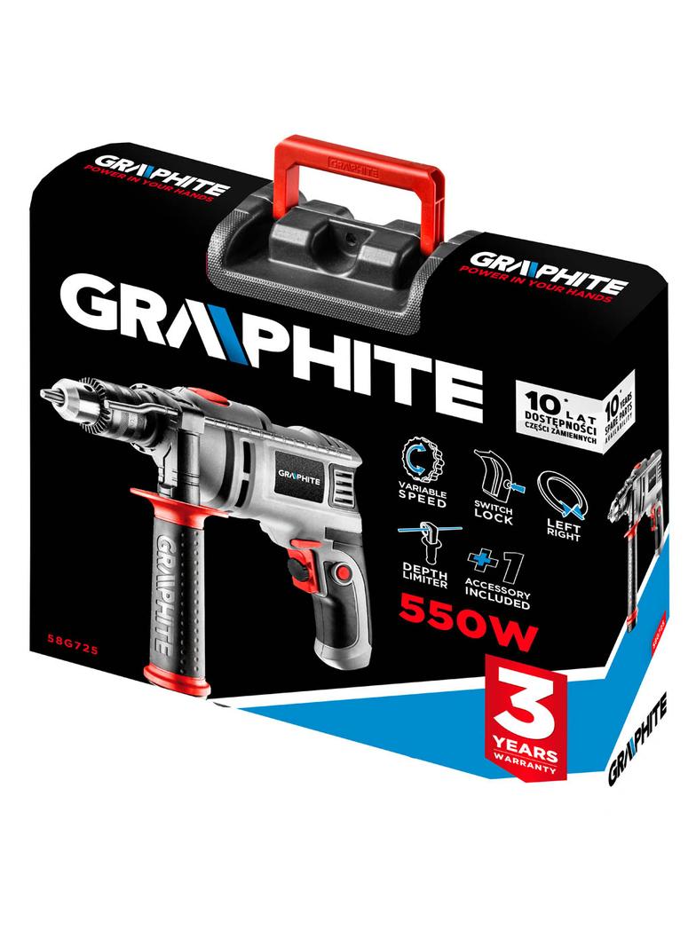 Wiertarka udarowa 550W, uchwyt kluczykowy 13 mm, obroty 0-3000 min?1, walizka