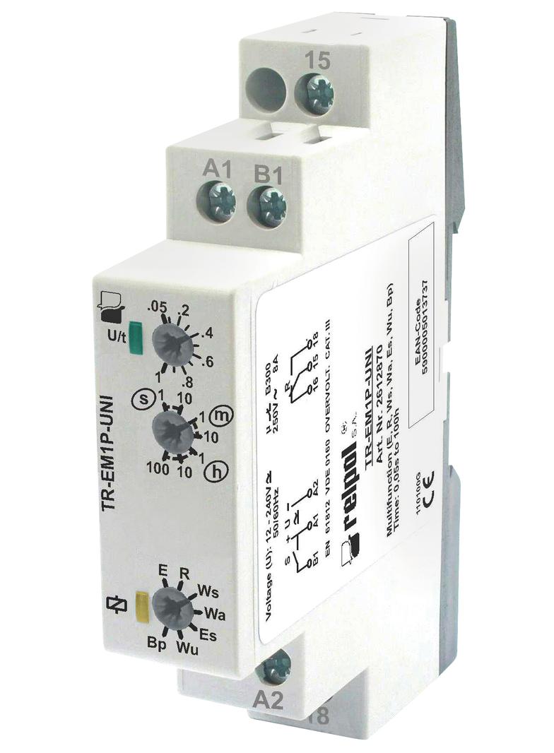 Przekaźnik czasowy 1P 8A 1sek‑100h 12‑240V AC/DC wielofunkcyjny TR‑EM1P‑UNI 2612870 RELPOL