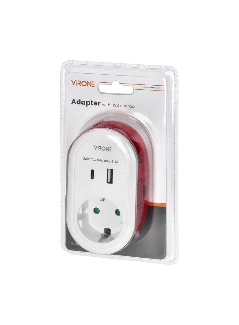 Adapter 1x 2P+Z z ładowarką USB (Typ A+C), 5V DC/ 3,4A, z dodatkowym kablem ładującym (typ C + Light CS-2(GS) ORNO