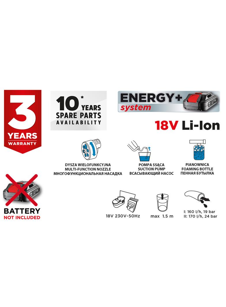 Myjka ogrodowa akumulatorowa Energy+ 18V Li-lon, max. ciśń. 2.4 bar, bez akumulatora