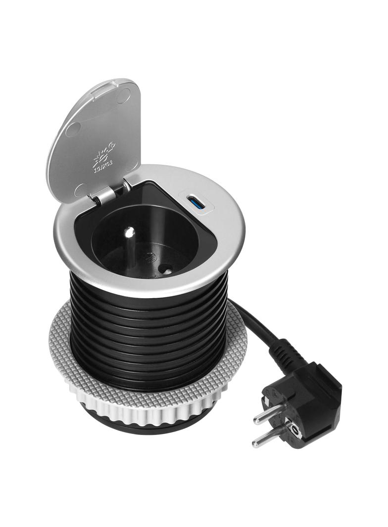 Gniazdo meblowe O6cm wpuszczane w blat z pokrywką, ładowarką USB i przewodem 1,9m, 1x2P+Z (French),