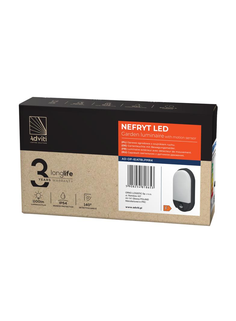 NEFRYT LED 15W, oprawa ogrodowa z czujnikiem ruchu, 1100lm, IP54, 4000K, czarna AD-OP-6147BLPMR4 ORNO