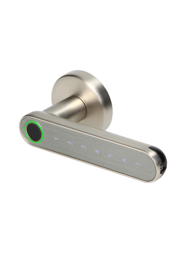 Klamka szyfrowa z klawiaturą dotykową. Otwierana na PIN z czytnikiem linii papilarnych oraz telefon