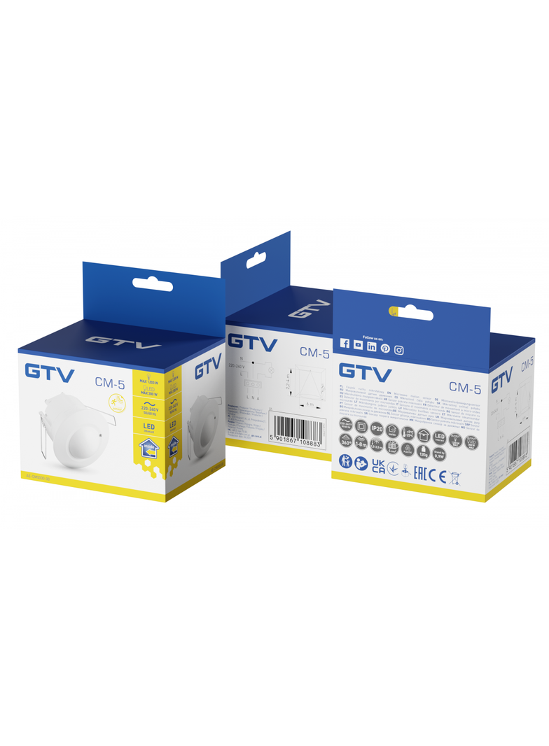 CZUJNIK MIKROFALOWY RUCHU CM-5, MAX 1200W, AC220-240V, 50/60HZ, KĄT DZIAŁANIA 360*, ZASIĘG 1-8M ± 1,