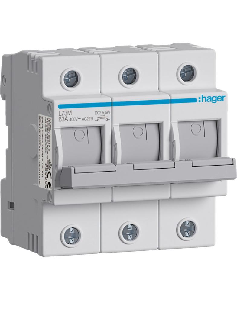 Modułowy rozłącznik bezpiecznikowy poziomy D02 3P 63A 400VAC 110/220VDC L73M HAGER