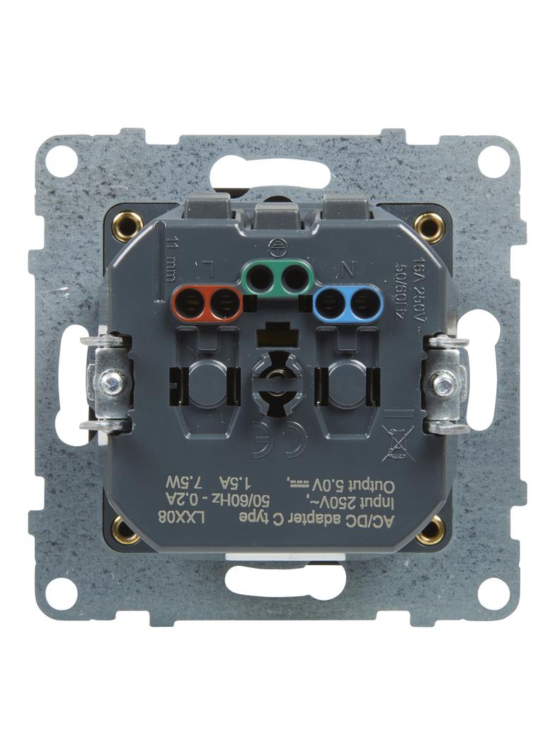SUNO - Gniazdo płaskie 2P+Z - 16 A - z USB Typ - C - 1,5 A - zaciski automatyczne - z przesłoną, Cza