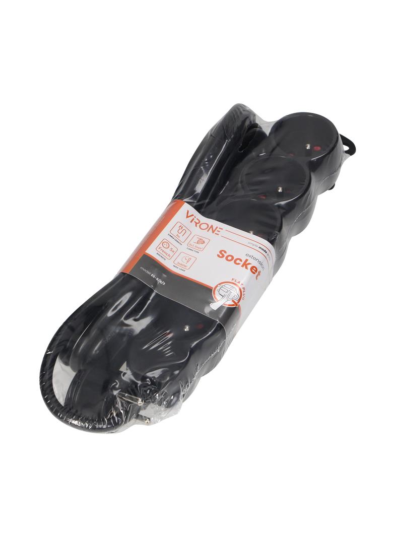 Przedłużacz 5-krotny 2P+Z, 3m H05VV-F 3x1,5mm2, Imax=16A, płaska wtyczka, czarny