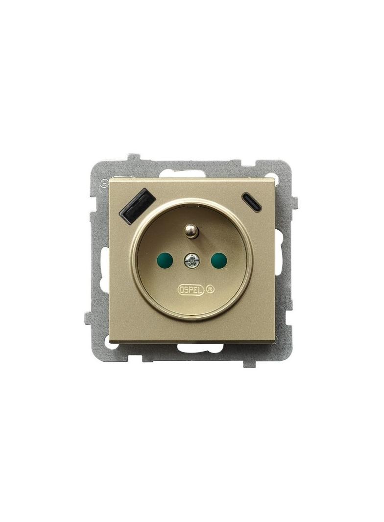 Gniazdo pojedyncze z uziemieniem z ładowarką A+C SONATA SZAMPAŃSKI ZŁOTY