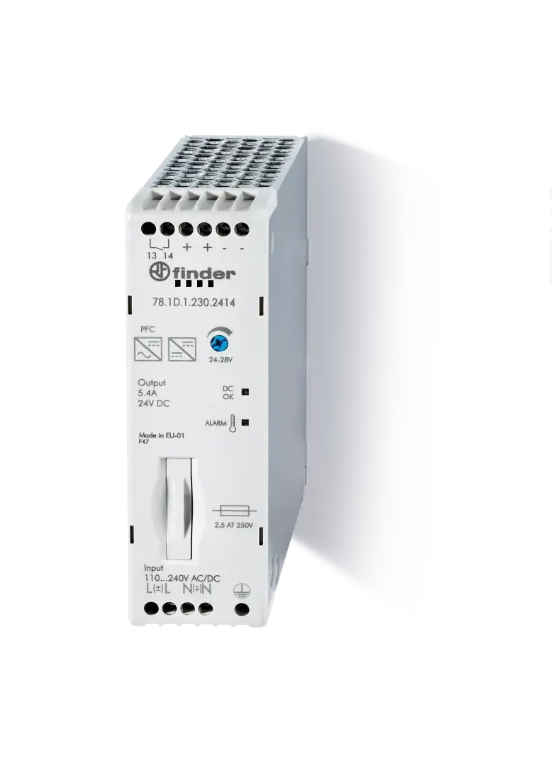 Zasilacz impulsowy 24V DC, 130W PFC, bezpiecznik + regulator + zestyk alarmu wstępnego