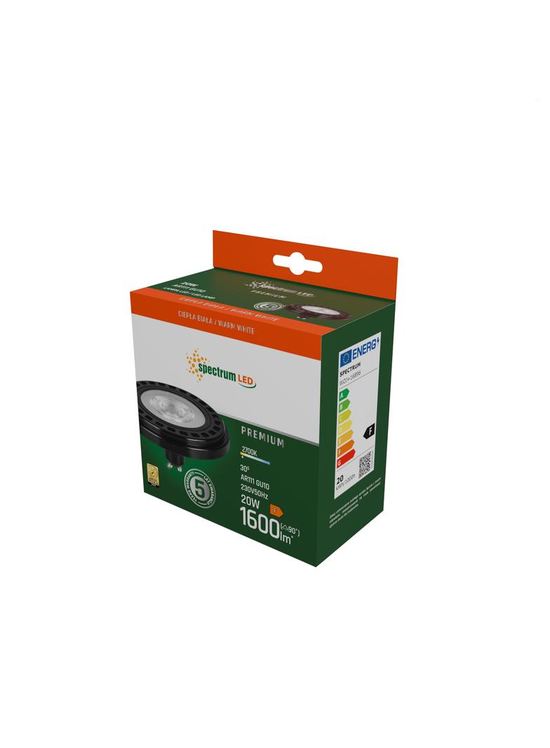 Żarówka LED AR111 GU10 230V 20W COB 30ST WW b. ciepła RA90 PREMIUM CZARNY 5 lat gw. Spectrum LED