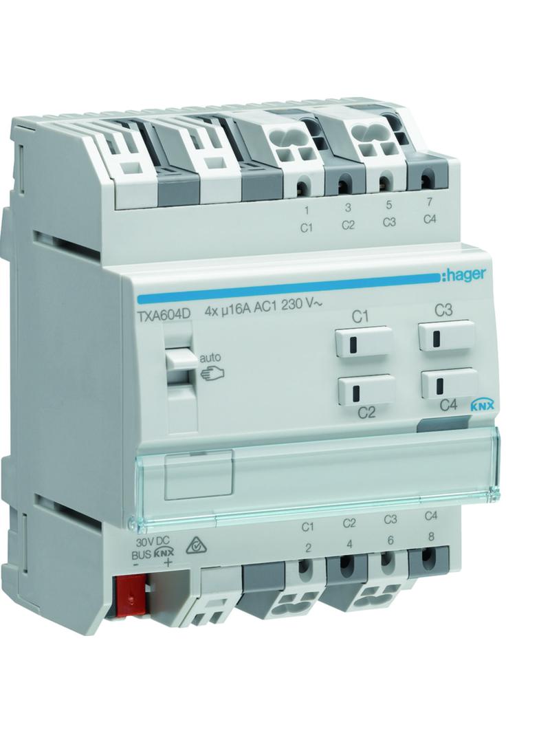 KNX e/s Sterownik załączający/żaluzjowy obciążenie pojemnościowe 16 A 4-/2-kr TXA604D HAGER