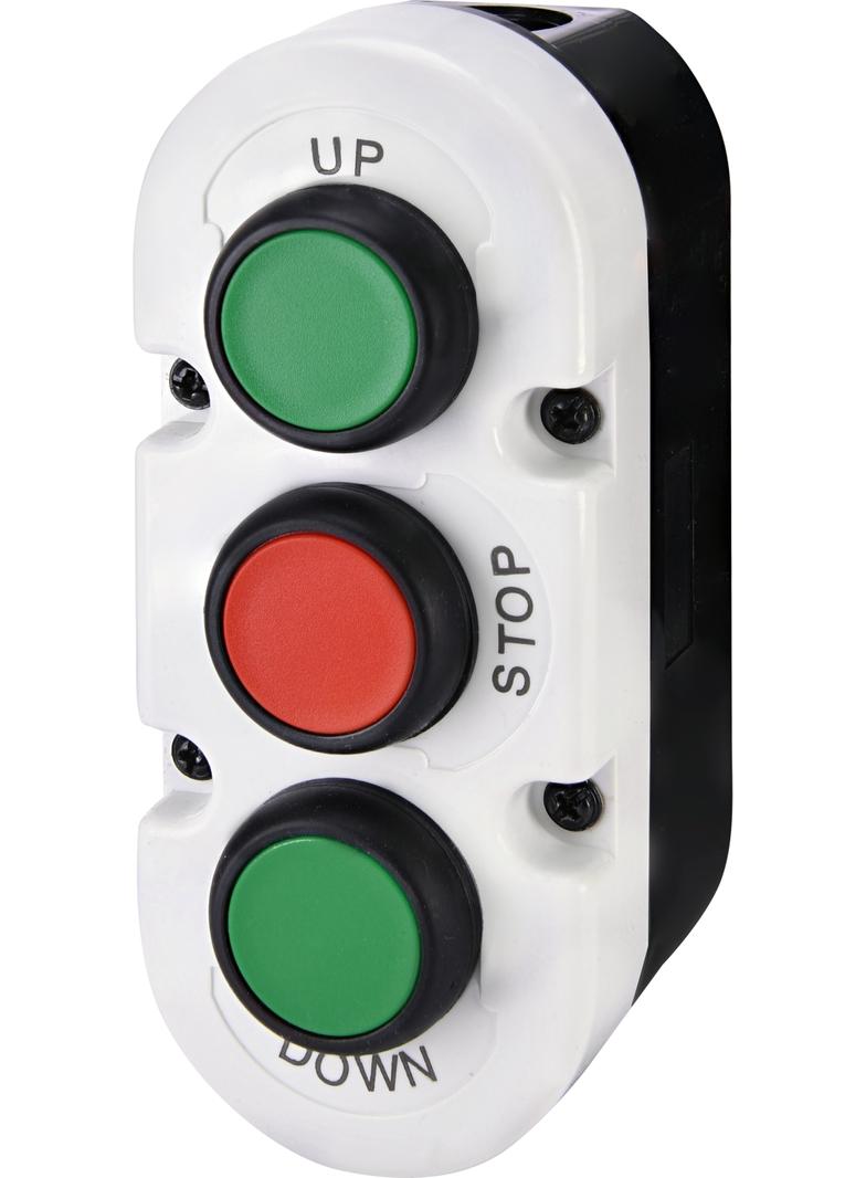 Kaseta szaro-czarna, 3 płaskie przyciski 2NO zielone, 1NC czerwony UP, STOP, DOWN ESE3-V7 004771445 ETI