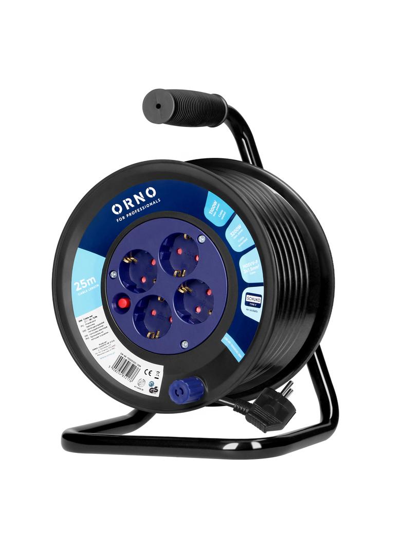 Przedłużacz bębnowy, 4 gniazda 2P+Z, Schuko, kabel PVC H05VV-F 3x1,5mm2, długość 25m, termik, przesł