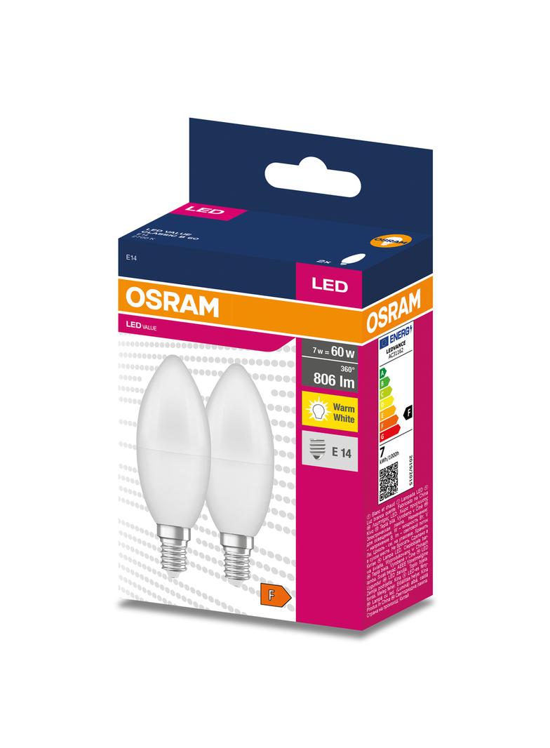 Żarówka LED x2 B39 Świeczka E14 7.5W = 60W 806lm 2700K Ciepła 200° VALUE CLASSIC Osram