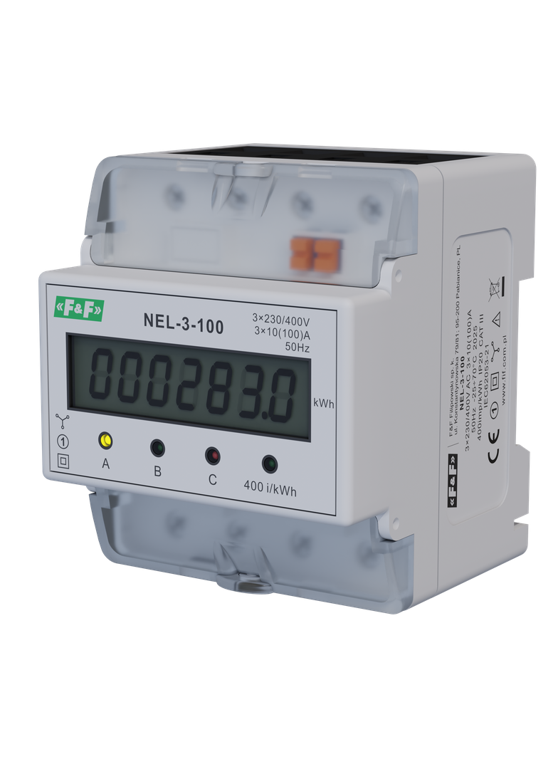 Wskaźnik zużycia energii elektrycznej 3-fazowy 3x400 VAC 100 A 4 moduły NEL-03-100 F&F