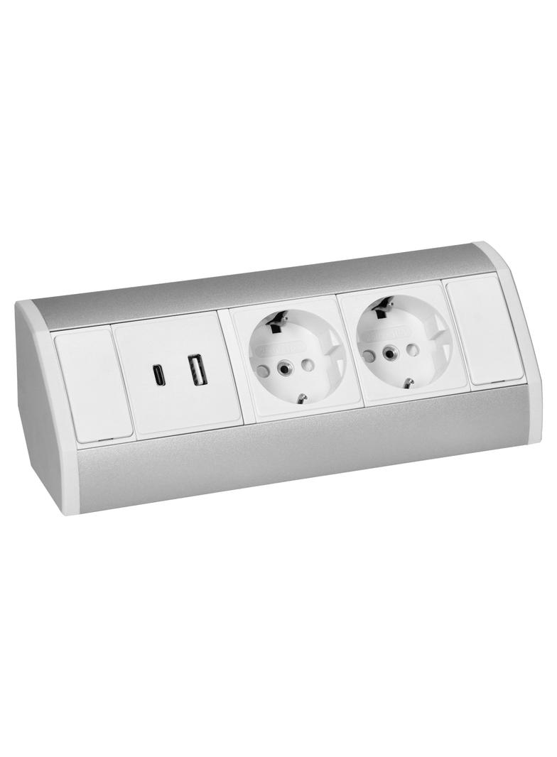 Gniazdo meblowe 2x2P+Z (Schuko), 2xUSB (typ A+C; 2,4A), biało-srebrne