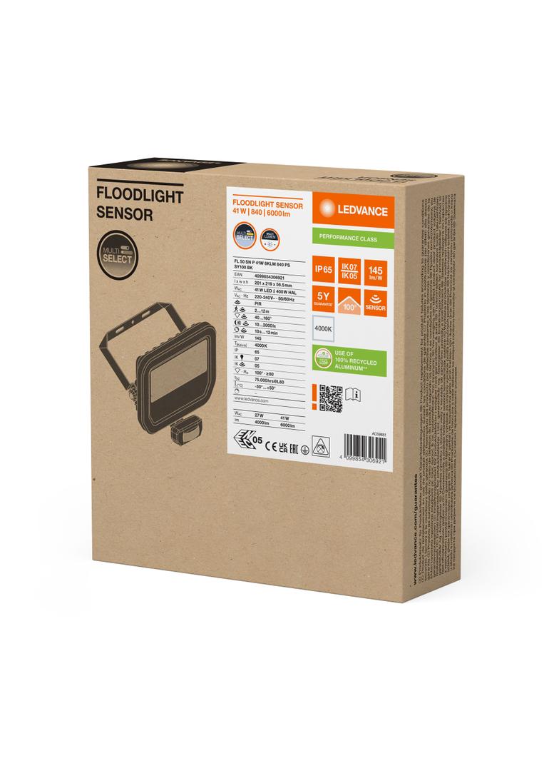 Naświetlacz LED z czujnikiem ruchu FLOODLIGHT sensor PFM G4 27W41W IP65 4000K 145lm/W czarny LEDVANC