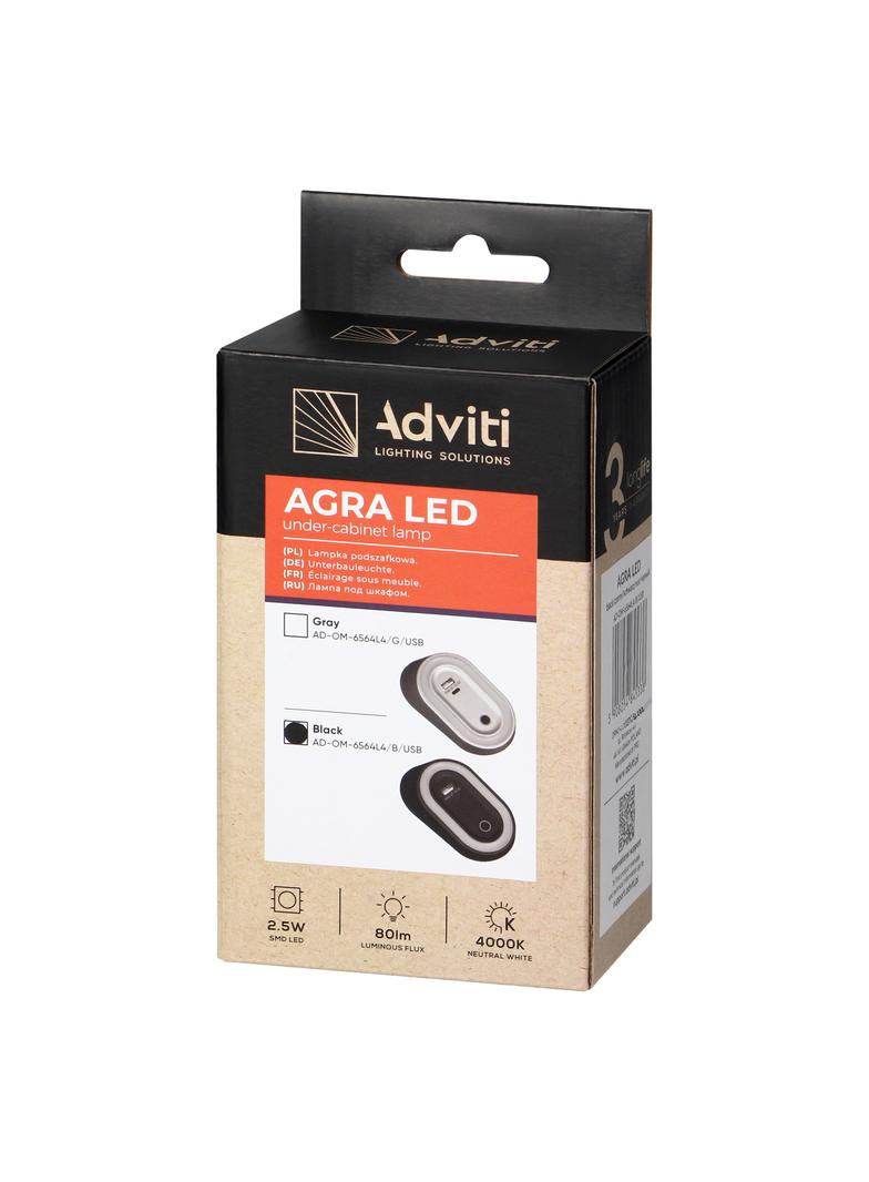 AGRA lampka podszafkowa LED 2,5W, 80lm, 4000K, z włącznikiem bezdotykowym i funkcją ładowania USB A+ AD-OM-6564L4/B/USB ORNO
