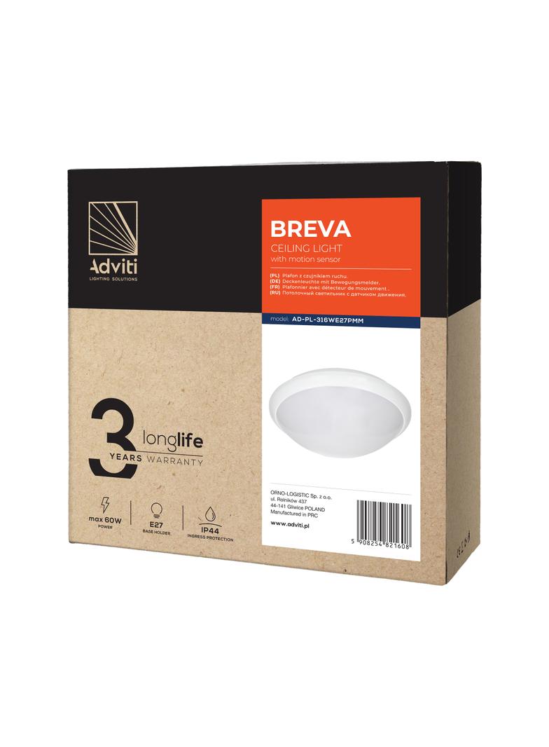 BREVA, plafon oświetleniowy z mikrofalowym czujnikiem ruchu, 60W, E27, IP44, poliwęglan mleczny AD-PL-316WE27PMM ORNO