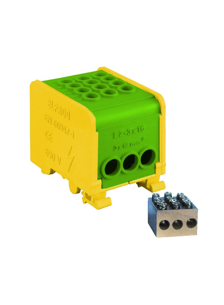 LZ1*16/16/16 ,  Odgałęźnik instalacyjny 1-segmentowy (zacisk: 3x16mm2), zielono-żółty