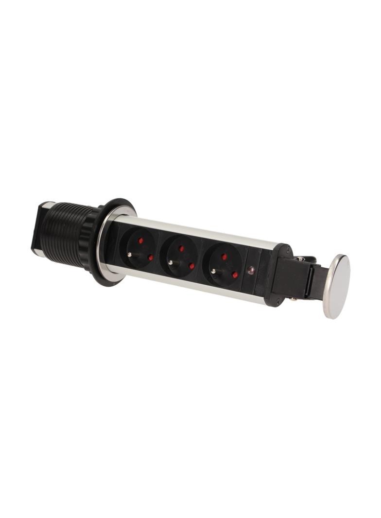 Gniazdo meblowe 3x2P+Z wysuwane z blatu 6cm, z blokadą i przewodem 1,8m, INOX