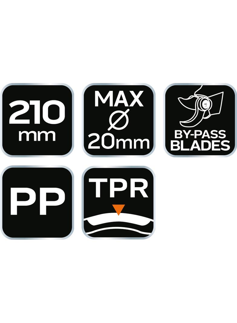 Sekator by-pass 210 mm, zakres do 20 mm, materiał: PP, uchwyt pokryty gumą TPR