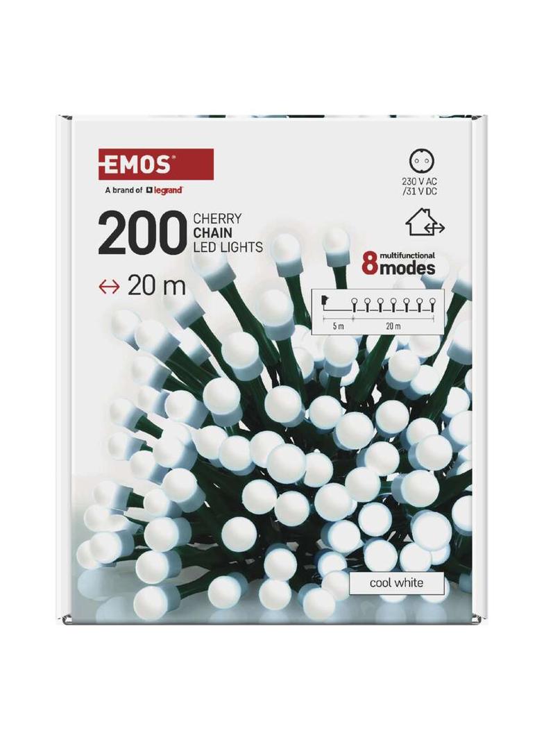 Lampki choinkowe 200 LED cherry 20m zimna biel zielony przewód IP44 8 programów timer D5AC23 EMOS