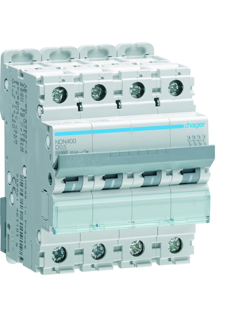 MCB Wyłącznik nadprądowy 10kA/15kA 4P D 0,5A NDN400 HAGER